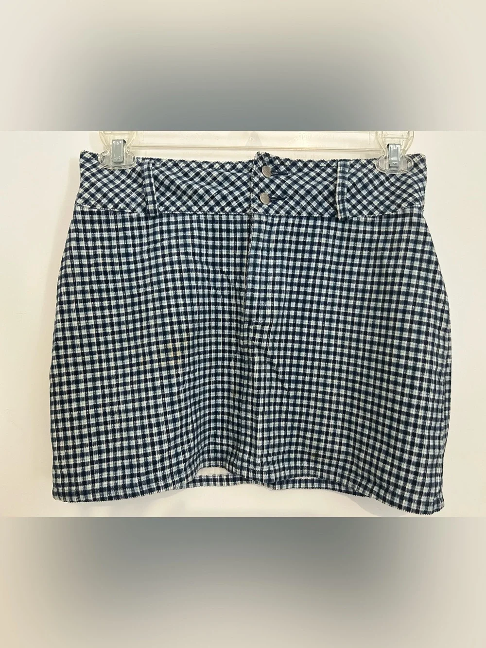 Blue Asphalt blue, light blue & white Gingham Flat Front micro corduroy skirt